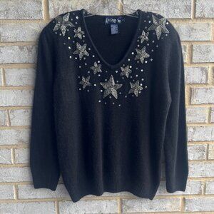 Le Chois Long Sleeve Embroidery Beaded Starts Silk/Angora Blend Sweater Size L.